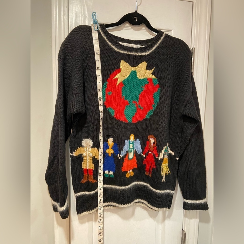 VTG Marisa Christina Size M/L Hand Knit Christmas Sweater World Peace Globe - Picture 4 of 9